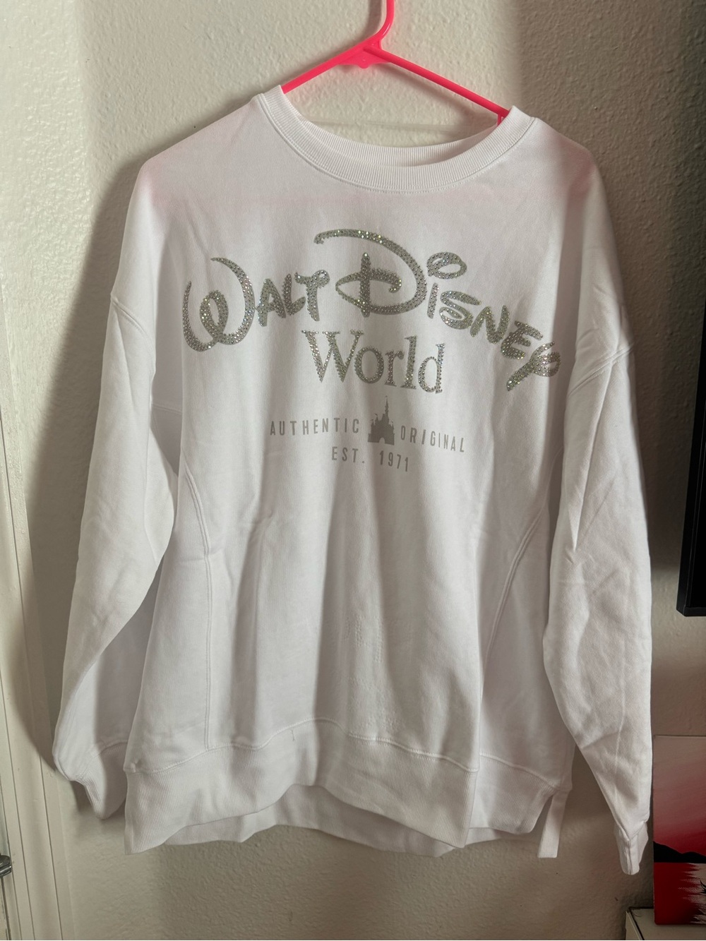 Disney White Crewneck Sweatshirt with Silver Glitter Logo